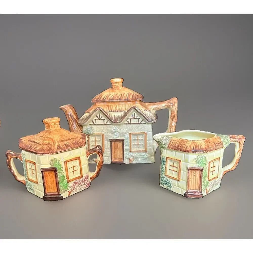 Vintage Keele Street Pottery Thatched English Cottage Garden Teapot Cream Sugar